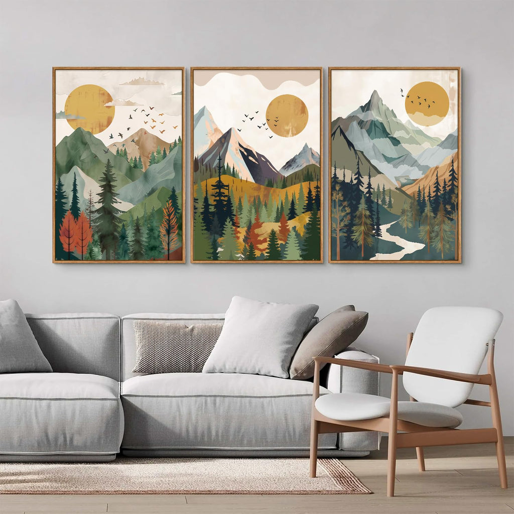 Boho Mountain Framed Canvas Wall Art, Mid Century Modern Wall Decor, Watercolor Sun Forest Woodland Posters, Sage