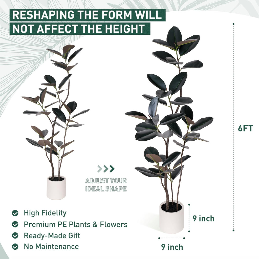 Artificial Rubber Tree - 6 FT Tall Fake Tree with Pot - Large Artificial Plants Indoor, Lifelike Branches & Foliage