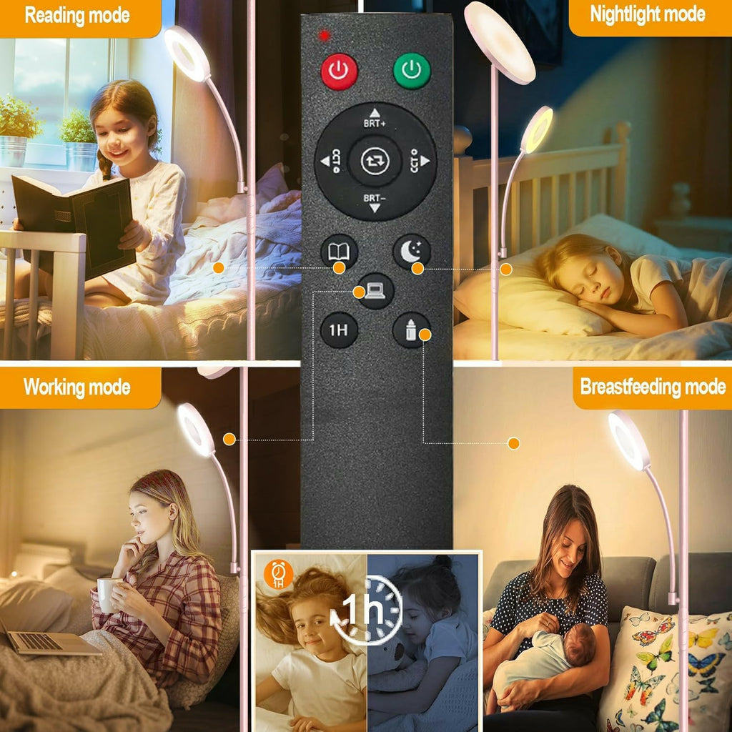 Pink Floor Lamp, 42W Super Bright LED Room Lamp with Adjustable Reading Light, Dimmable Modern Standing Lamp