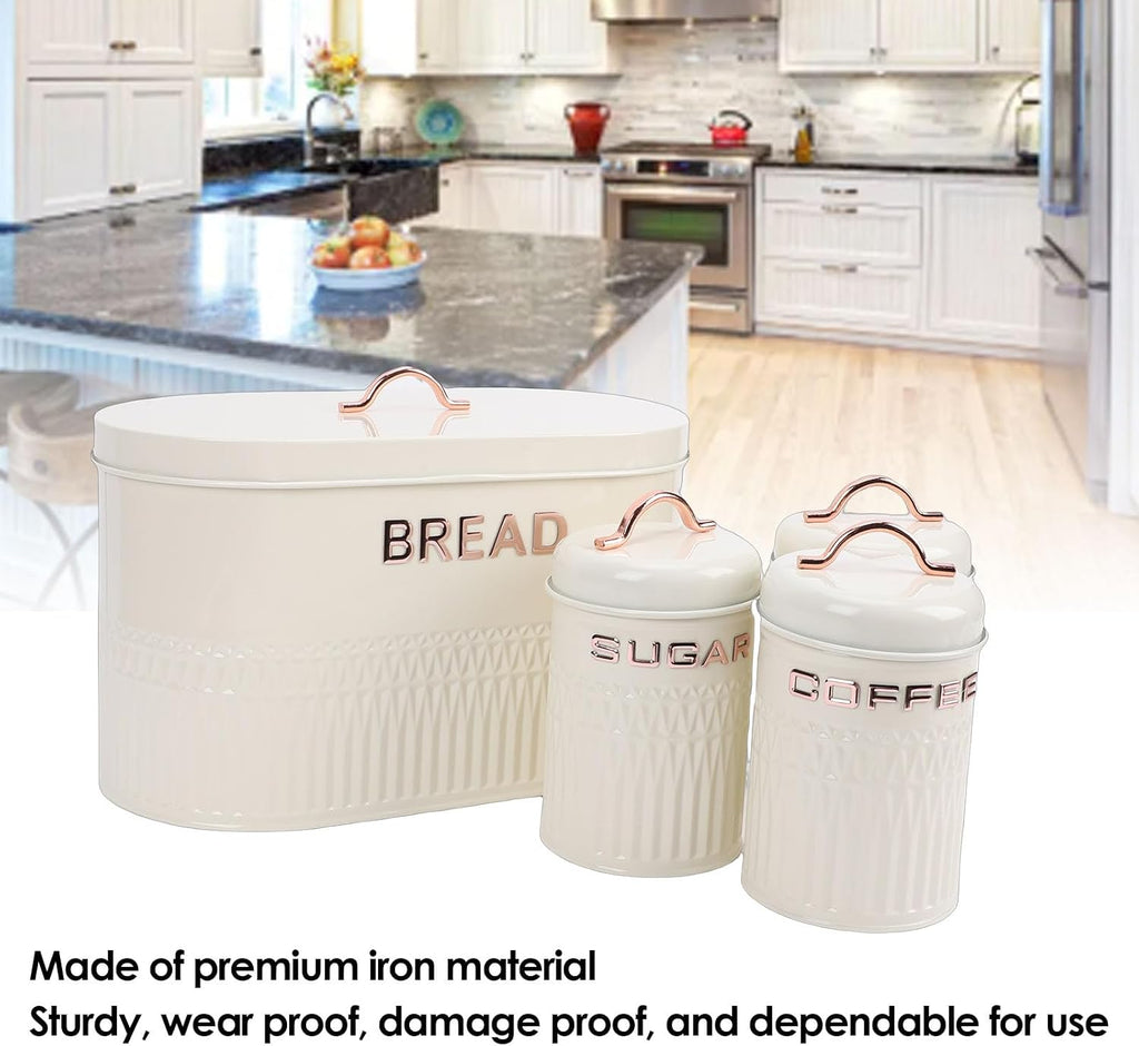 Kitchen Canister Set with Bread Box for Countertop, 4PC Iron Coffee Tea Sugar Canisters Storage with Lid, Airtight