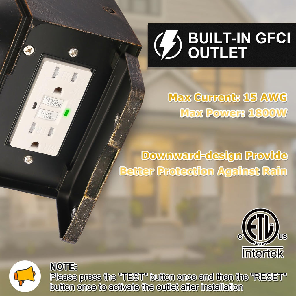Outdoor Wall Lantern, Dusk to Dawn Porch Light with GFCI Outlet & LED Bulb
