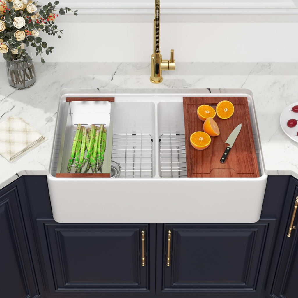 33 White Farmhouse Sink Double Bowl Fireclay Apron Front Farm Sink