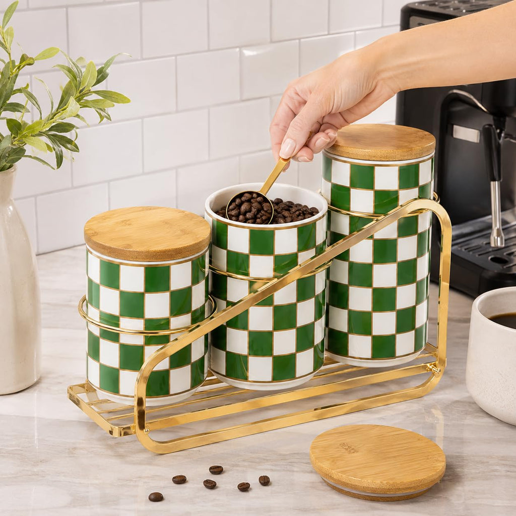 Kitchen countertop ceramic grid pattern airtight jar set - a set of 3 kitchen jars with layered shelves, sealed