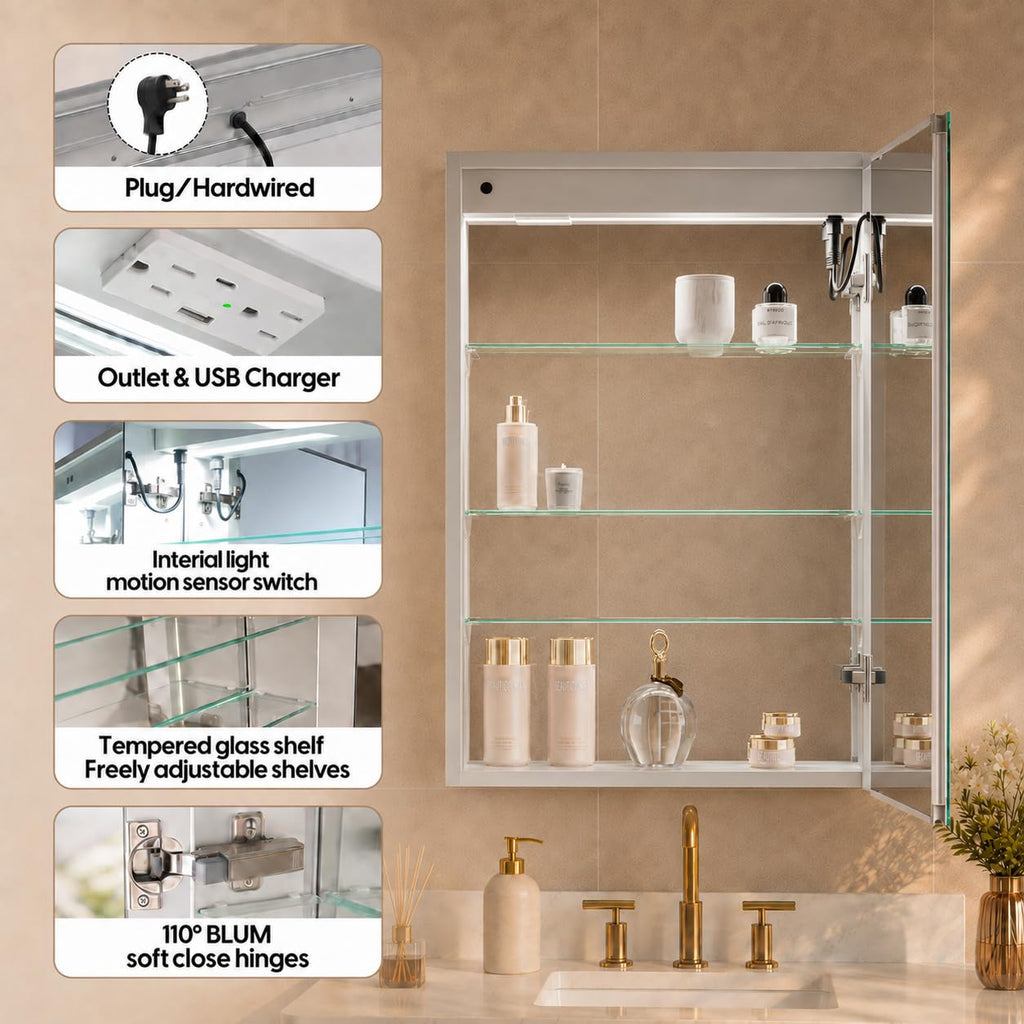 20 x 30-in LED Medicine Cabinet, Surface or Recessed Mounted, Single Right Opening Doors, Anti-Fog, Mirror with