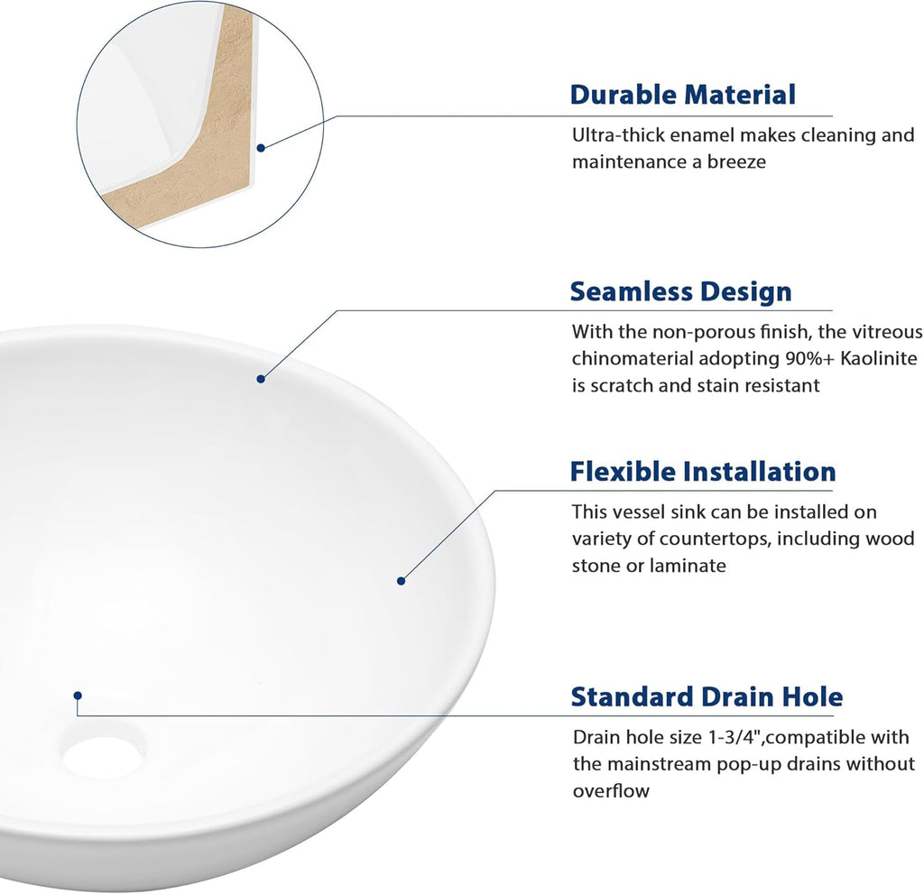 Vessel Sink Round - 16"x16" Modern Round Bowl Above Counter White Porcelain Ceramic Bathroom Vessel Vanity Sink