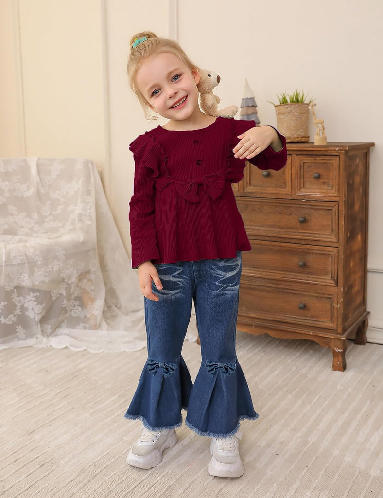Toddler Girl Clothes Solid Color Ruffle Bowtie Top and Flare Pants 2Pcs Winter Fall Girl Outfits