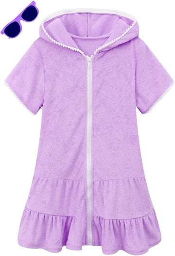 Girls Swim Cover Up Kids Swimsuit Coverup Terry Zip-Up Beach Bathing Suit Wraps with Sunglasses
