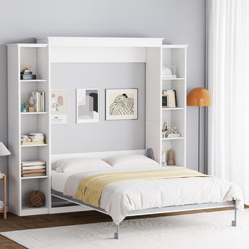 Queen Murphy Bed Cabinet with 5-Tier Adjustable Storage Shelves, Wood Queen Wall Bed Cabinet Bed, Space Saving Beds