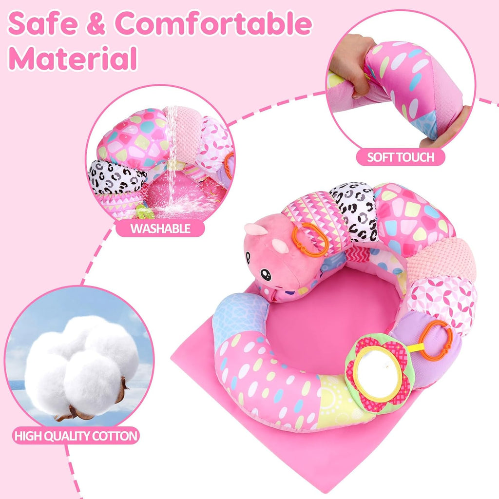 2 in 1 Baby Tummy Time Mat & Support Seated Pillow Infant Newborn Toys 0 1 2 3 4 5 6 Months Pink Caterpillar Sensory