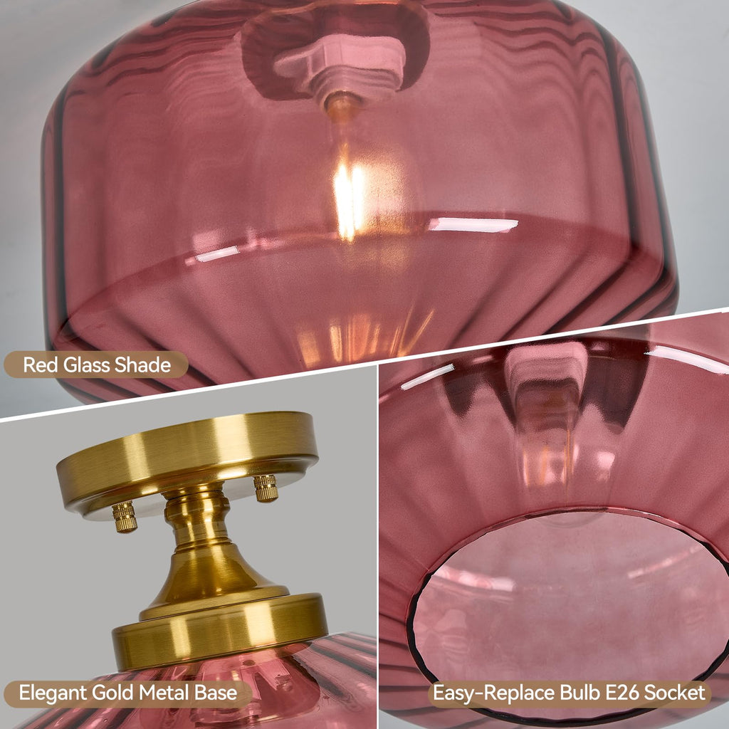 Glass Semi Flush Ceiling Light: 11" Gold Red Vintage Mid Century Chandelier