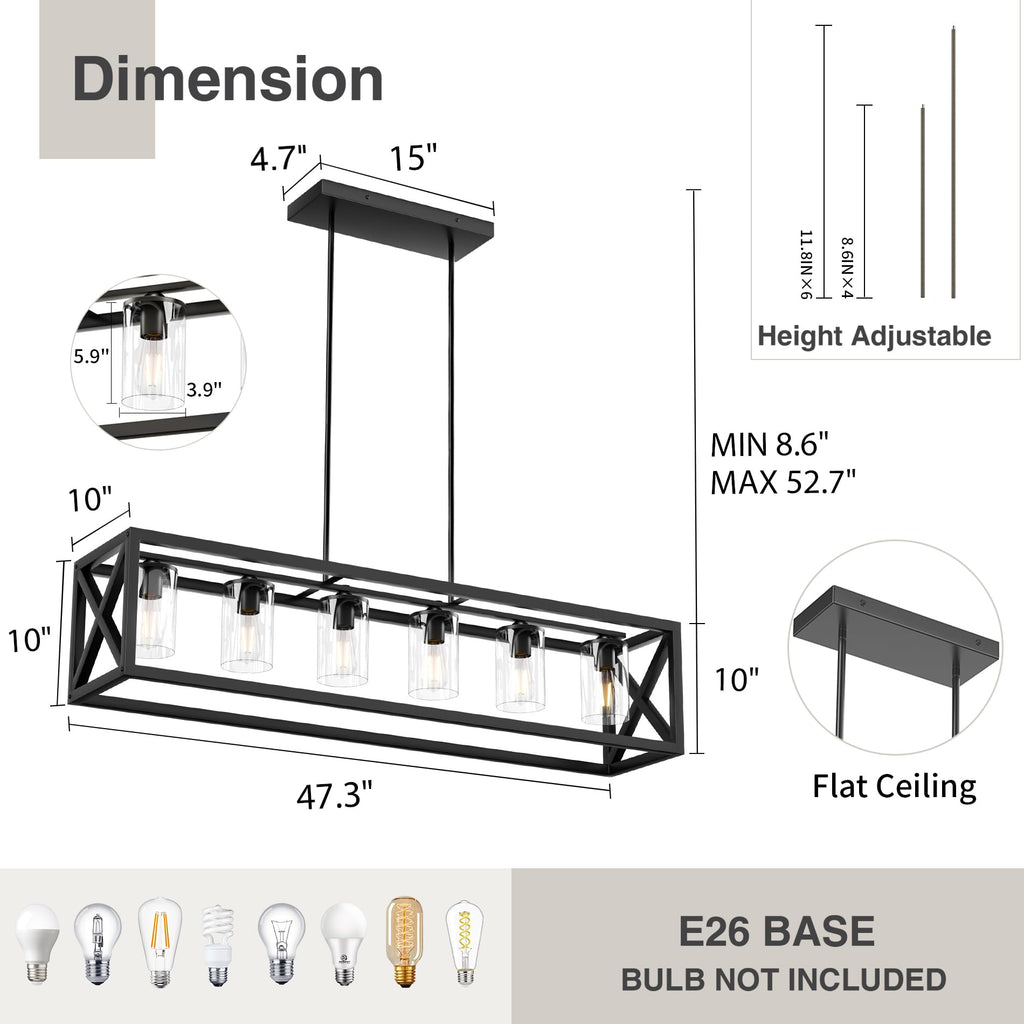 Farmhouse Dining Room Light Fixture - 6 Light Kitchen Island Lighting with Adjustable Height & Thickened Metal Dining