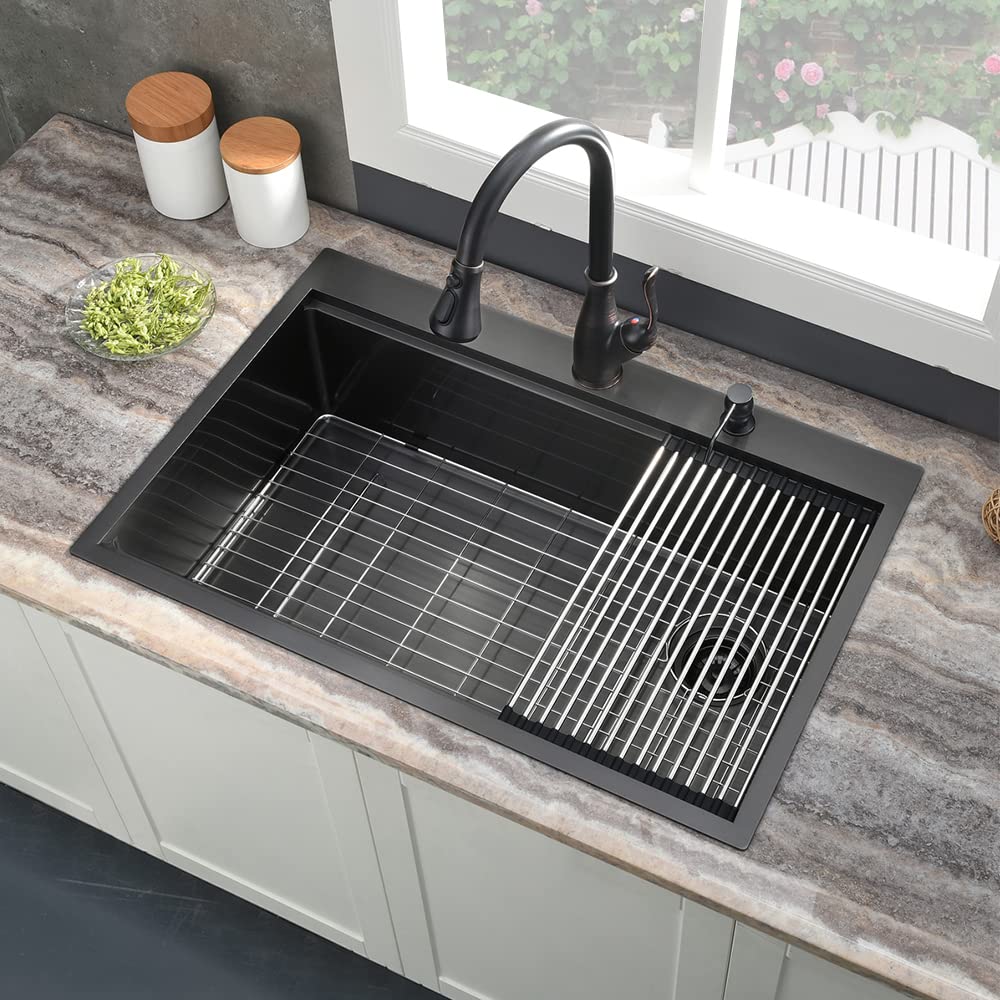 33 Inch Black Drop Sink Offset Drain, 33x22 Drop In Workstation 16 Gauge Stainless Steel Top Mount Single Bowl Sink