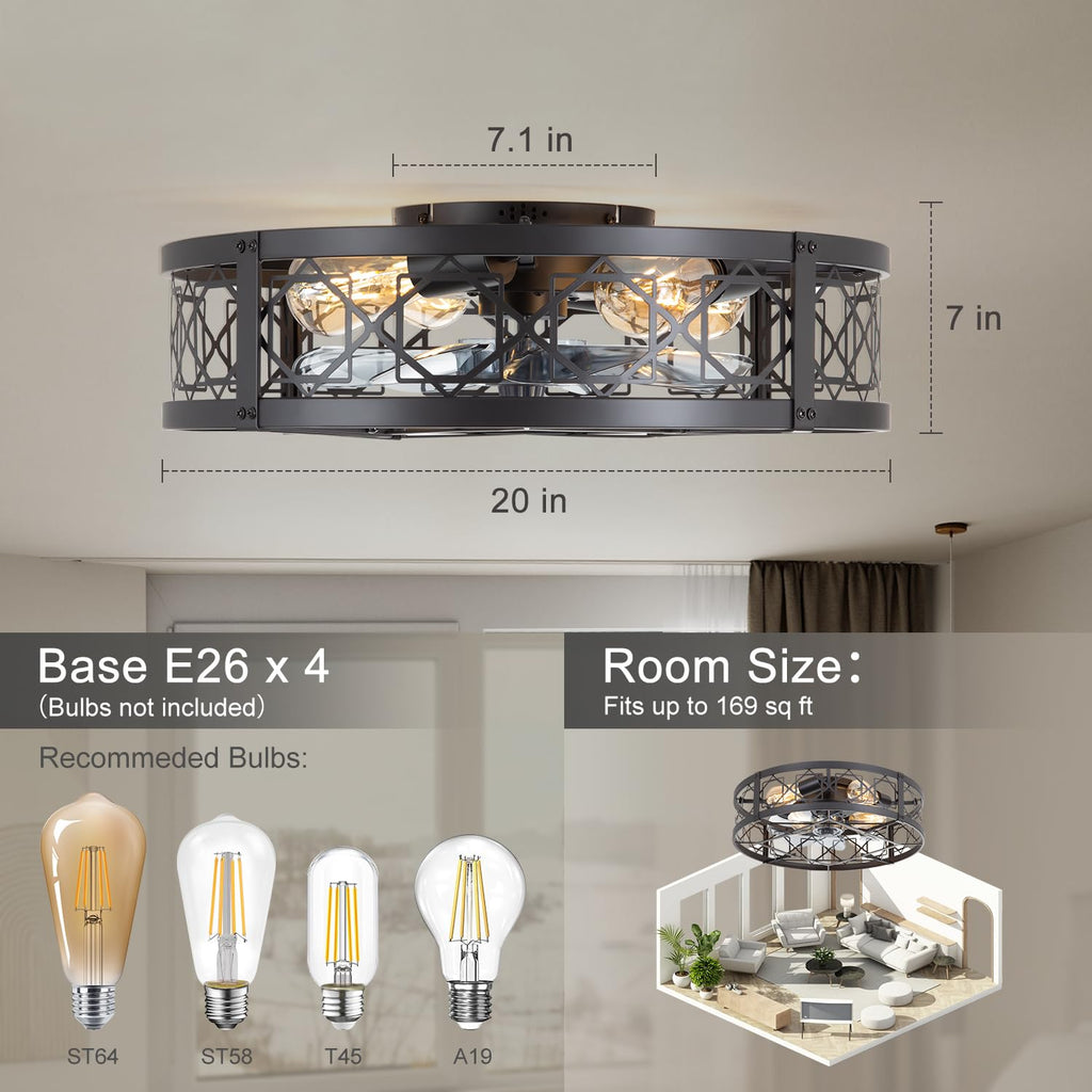 Caged Ceiling Fan with Light, 20" Ceiling Fan with Lights and Remote Flush Mount, Bladeless Caged Ceiling Fans with