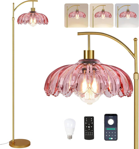 Gold Arc Floor Lamp Bedroom,Mid Century Modern Standing Lamp with Remote