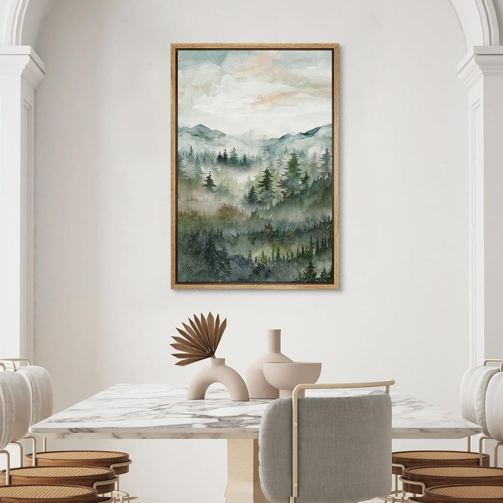 Framed Canvas Print Wall Art Woodland Nursery Decor Green Winter Mist Mountain Forest Trees Nature Modern Art