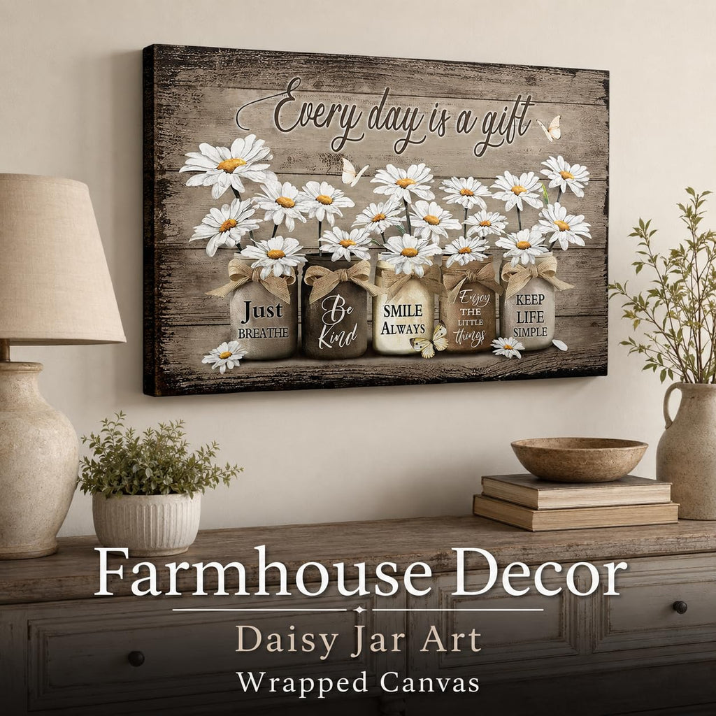 Farmhouse Rustic White Daisy And Butterfly Canvas Wall Art 24inx36in