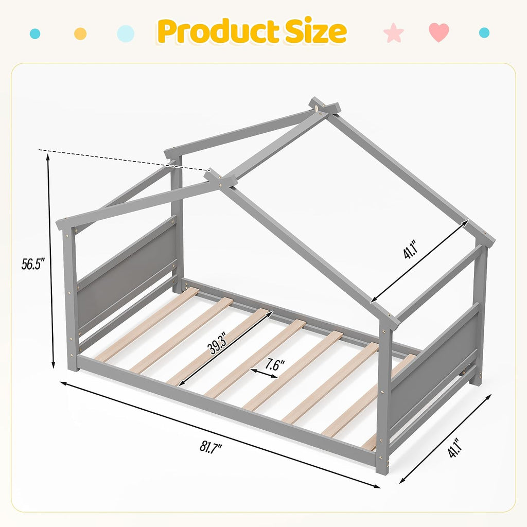 House Bed, Montessori Floor Bed for Toddlers, Wooden Kids Floor Bed Frame with Roof, Low Toddler House Bed for Boys