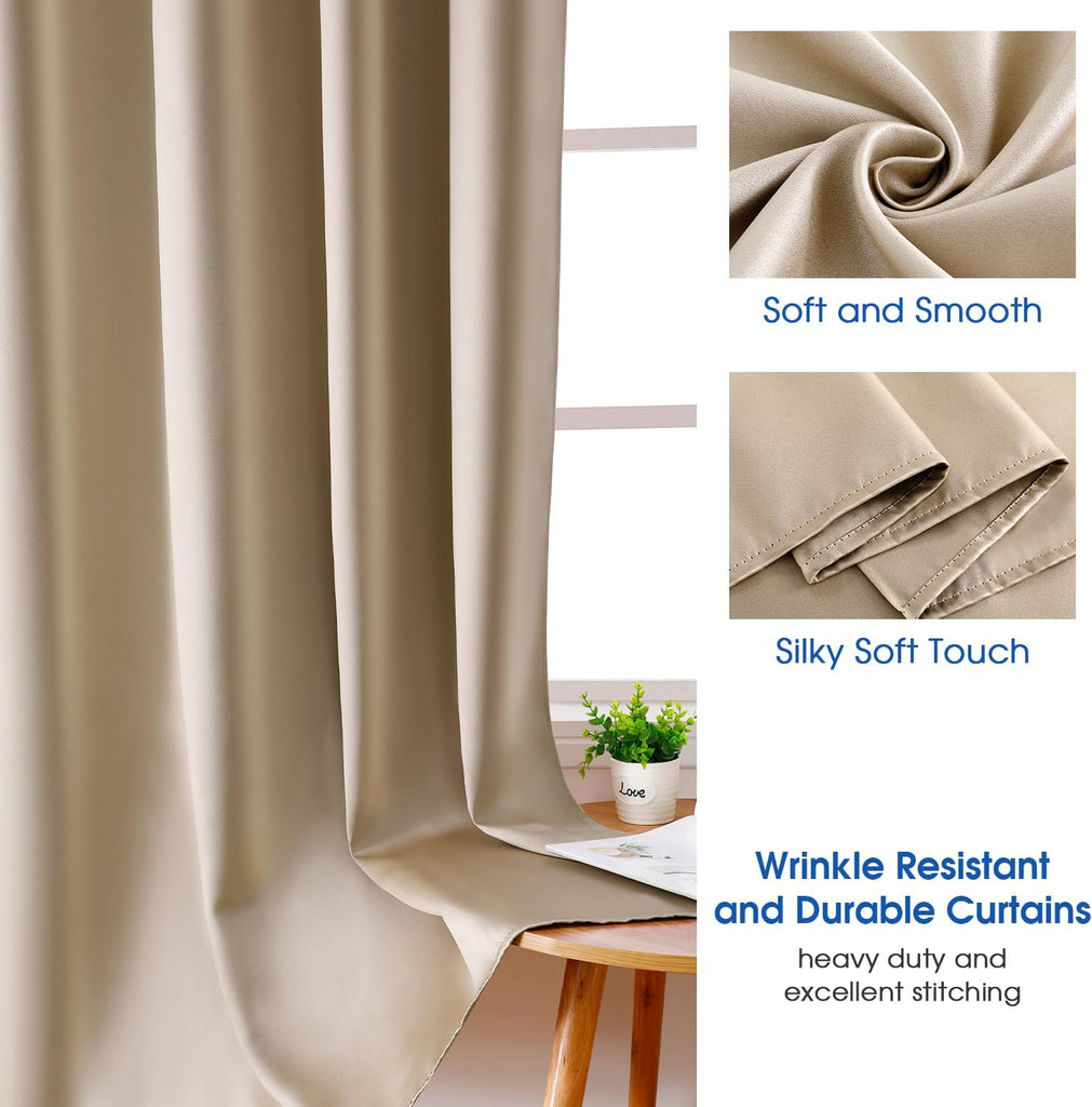 2 Panels Beige Faux Silk Blackout Luxury Curtains, 52 X 96 Inch Champagne Gold Room Darkening Satin Thermal Insulated