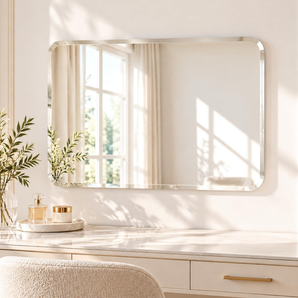 22x30 Inch Rounded Rectangle Bathroom Mirror, Frameless Beveled