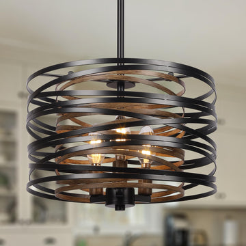 3-Light Dining Room Chandelier, 12.6" Rustic Black Drum Chandeliers, Wood Grain and Vintage Light Fixture Entryway