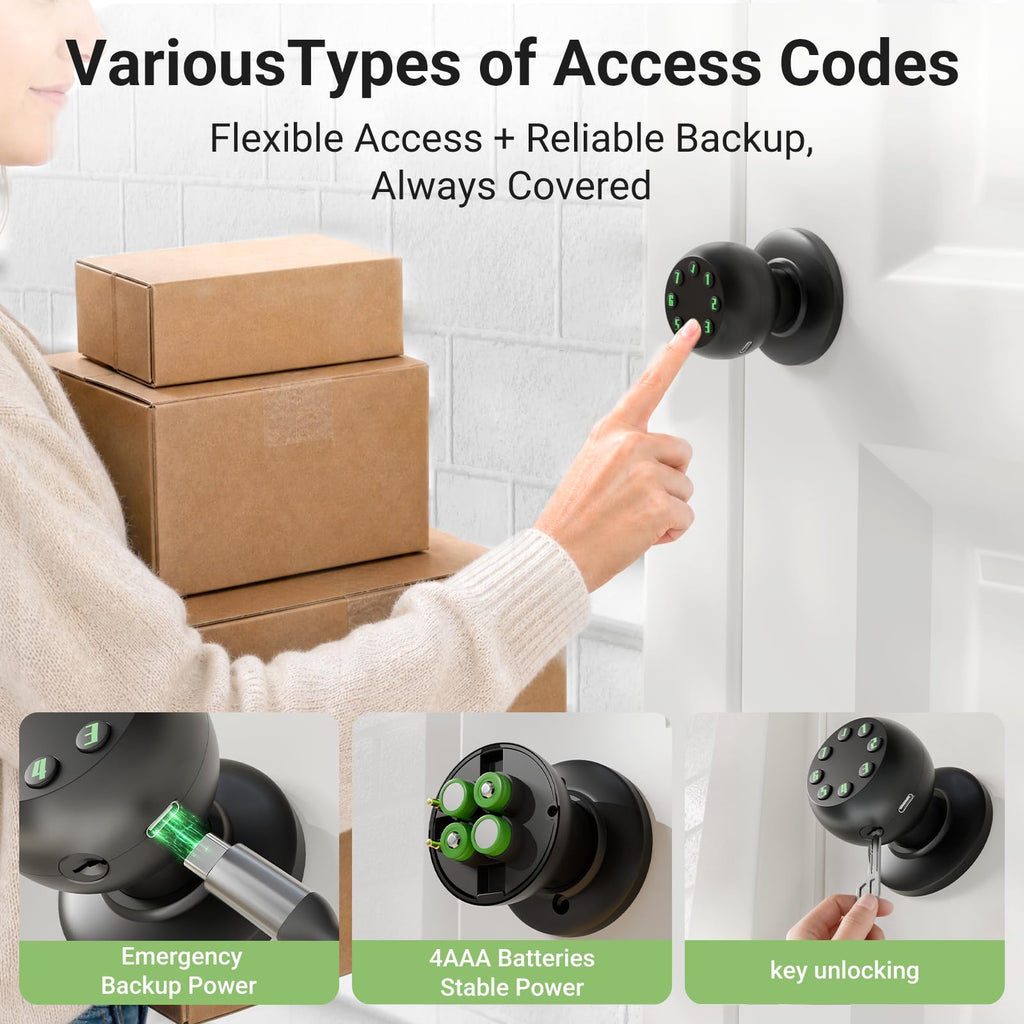 Smart Keypad Door Knob, Keyless Entry Door Lock with Auto Lock and Low Battery Alert, 50 User Codes, Easy