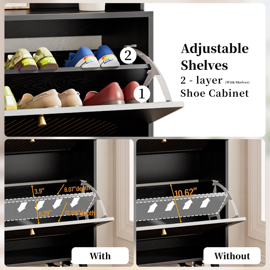 Shoe Storage Cabinet with 3 Fluted Flip Drawers & Coat Rack, Black