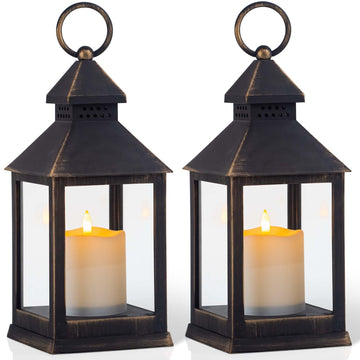 Vintage Golden Brushed Black Lantern Decorative LED Flickering Flameless Candle with Timer, Battery Powered LED
