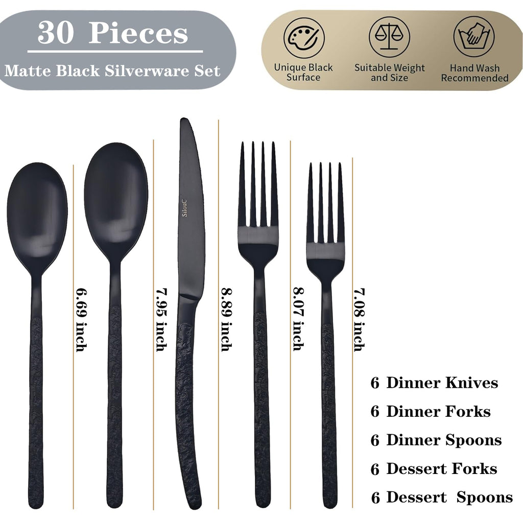 30-Piece Silverware Set, Black Hammered Flatware, Dishwasher Safe