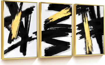 Gold Framed Black and Gold Abstract Canvas Wall Art Prints 3D Textured Black Brushstrokes Painting with Gold Foil