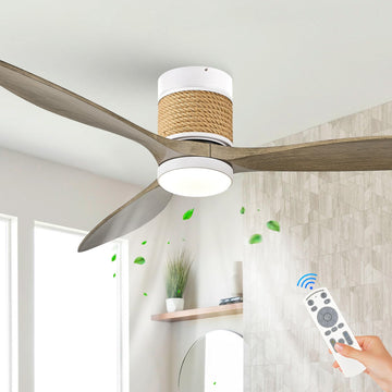 60in Boho White Ceiling Mount Fan Light Dimmable with Remote Control 3 Blade Hemp Rope Ceiling Fan with Light Coastal