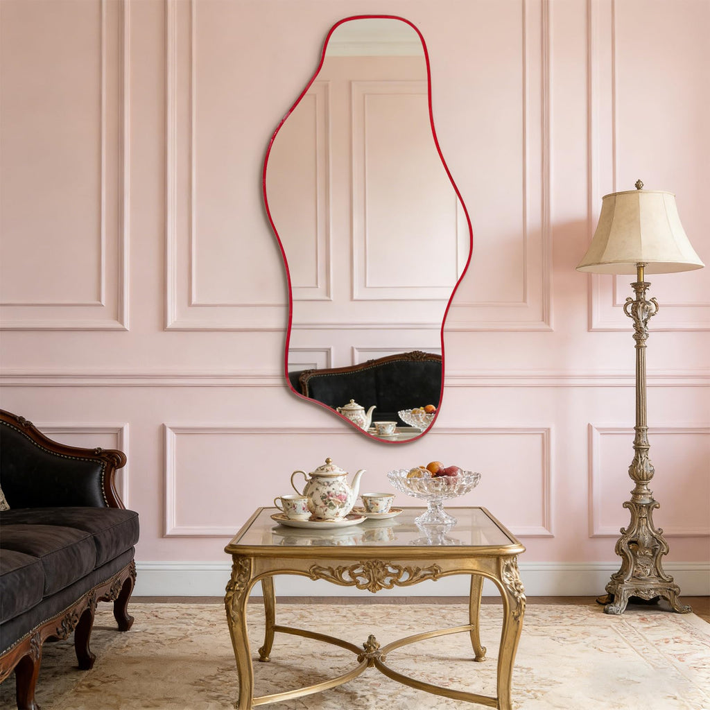 47"x24" Irregular Wall Mirror, Red Asymmetrical Frameless Mirror