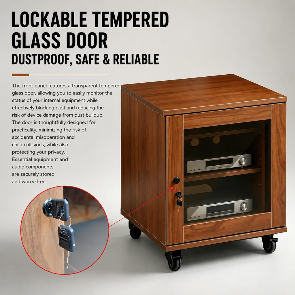 Audio Equipment Rack Cabinet, Wood AV Rack with Glass Door & Wheels
