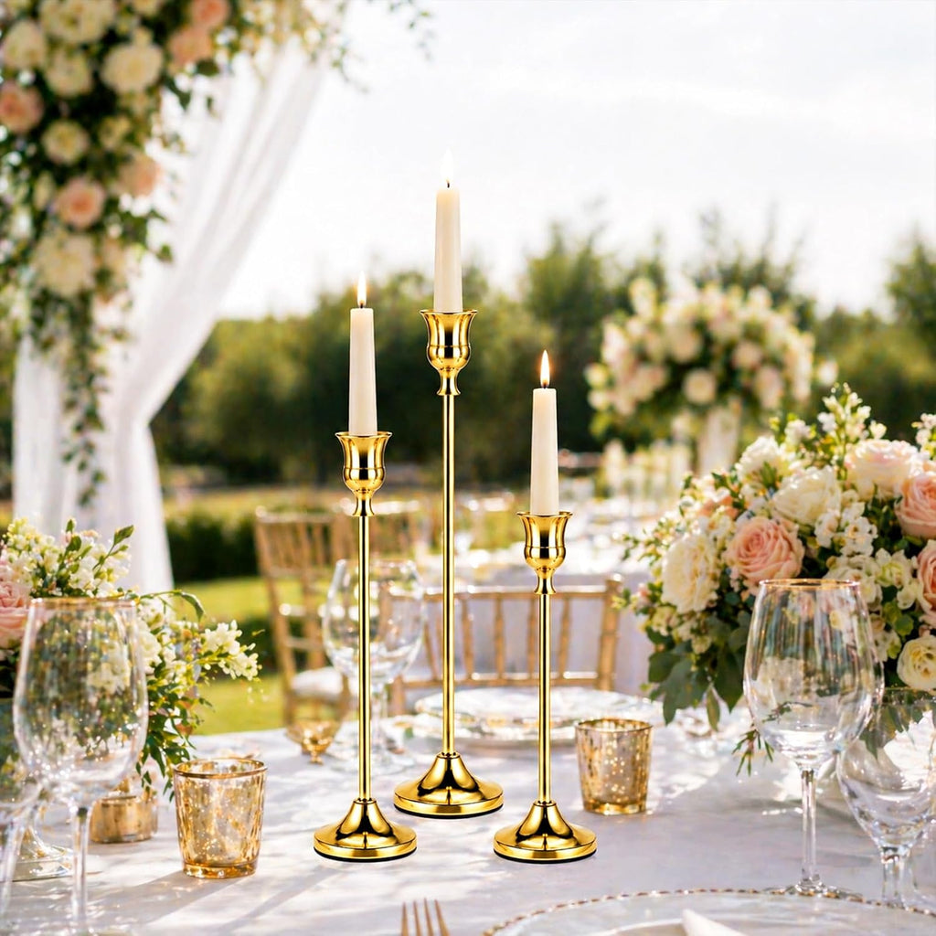 Brass Gold Candle Holders Set of 12, Metal Taper Candlestick Holders in 3 Heights - Vintage Candle Stick Holder Brass