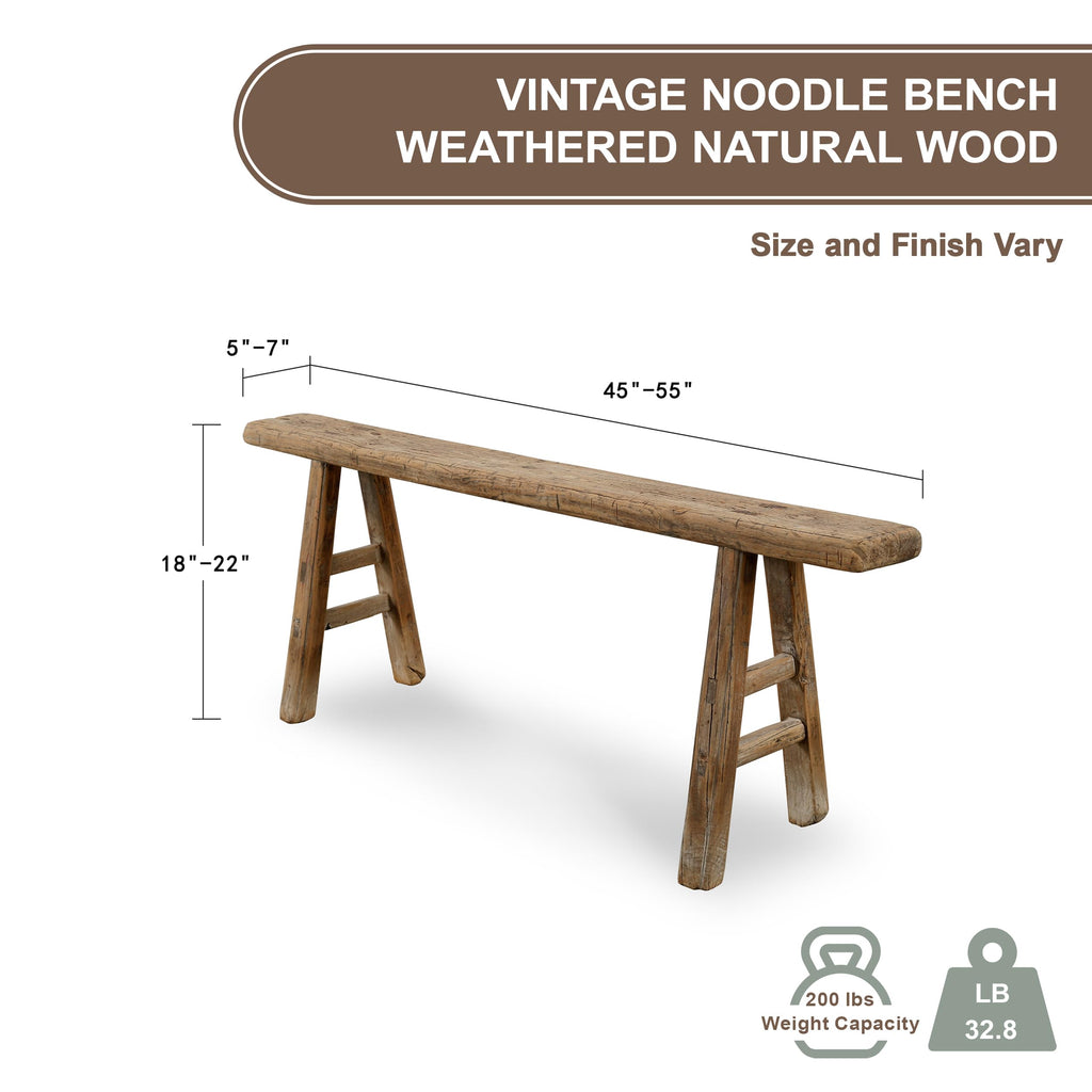 Handmade Wooden Entryway Bench, Vintage Noodle Bench, or Entryway, End of Bed Bench, Weathered Natural Wood Bench