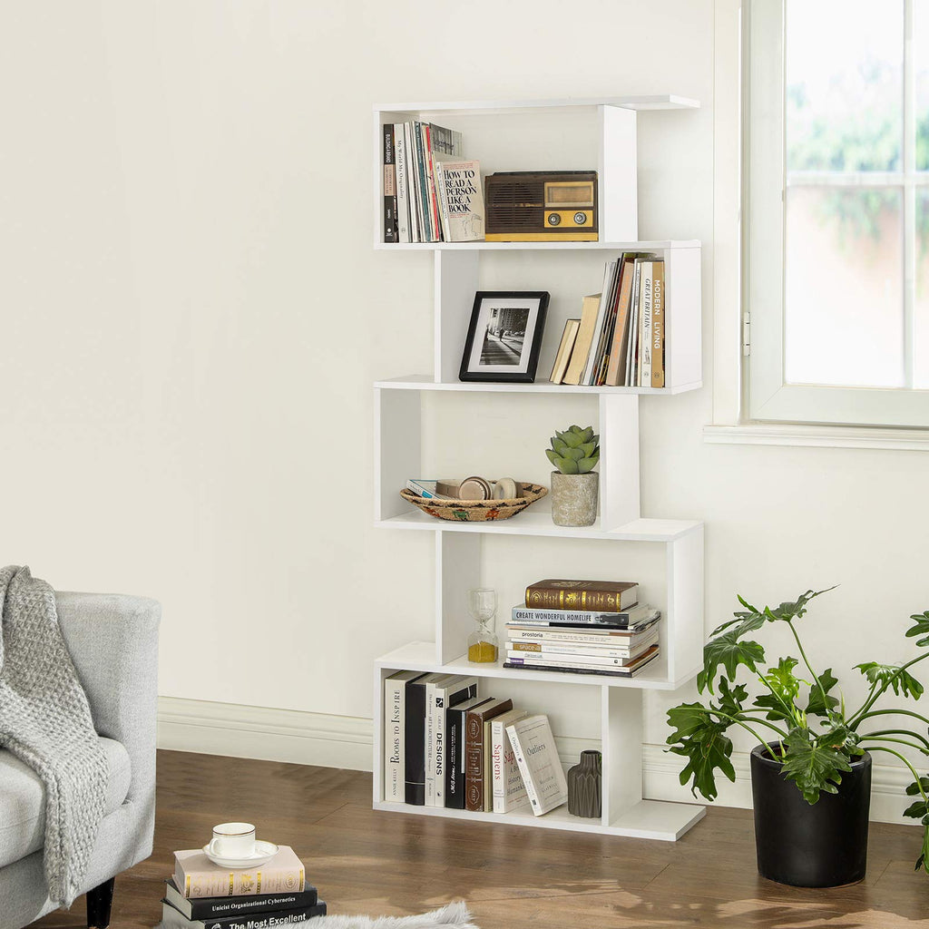 Wooden Bookcase, Display Shelf and Room Divider, Freestanding Decorative Storage Shelving, 5-Tier Bookshelf, White