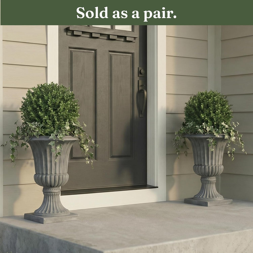 Urn Planters 22", Set of 2, Tall Stone-Resin Pedestal Planters for Outdoor Plants, Large Front Porch Decor, Patio