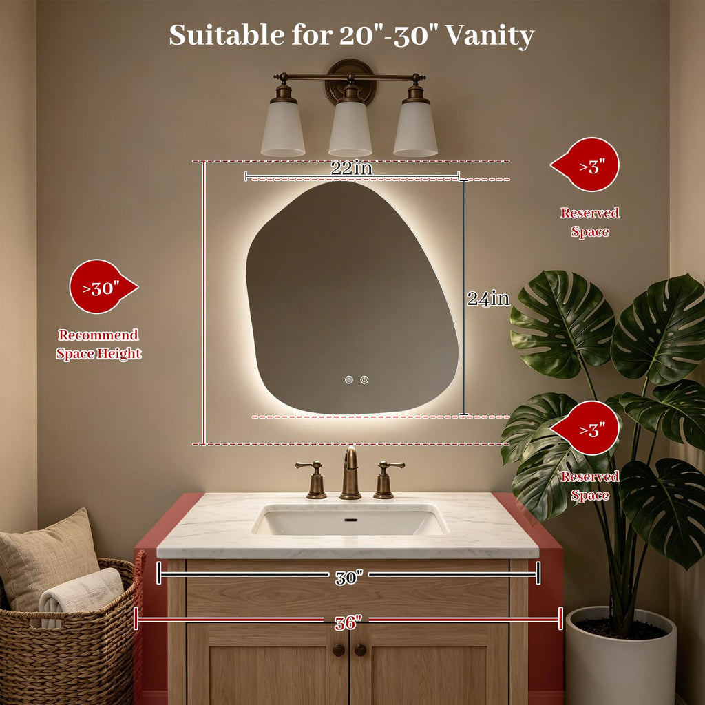 LED Bathroom Mirror with Lights, 22 x 24 Inch Led Bathroom Vanity Mirror for Wall, Anti Fog Mirror, 3 Colors