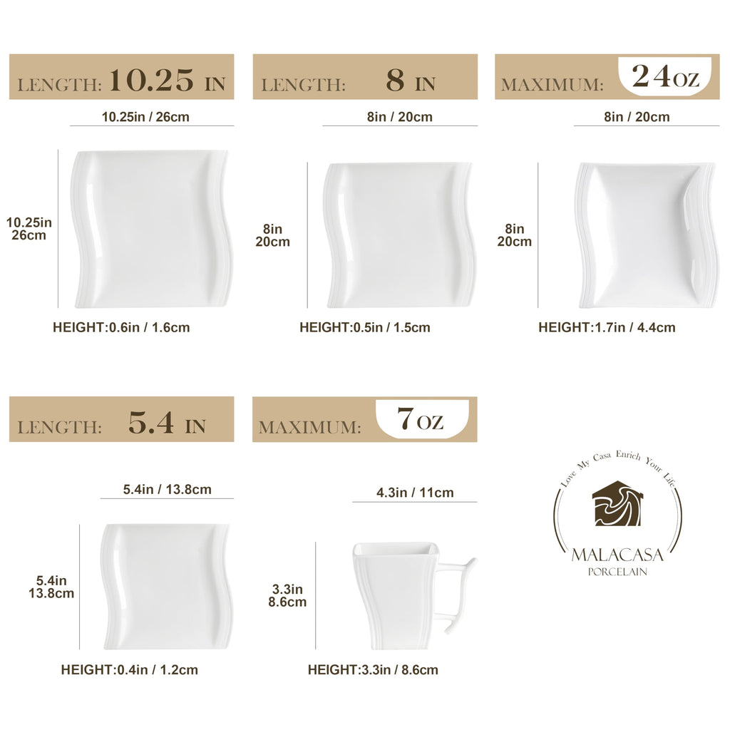 Ivory White Dinnerware Sets, 30-Piece Porcelain Plates and Bowls Sets, Modern Dish Set for 6, Square Plates