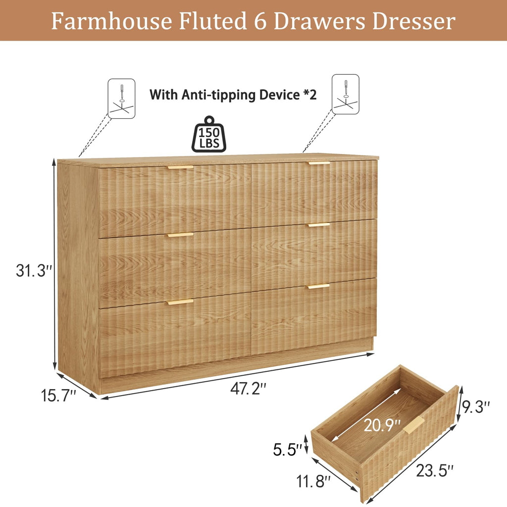 47.2" Wide Fluted 6 Drawer Dresser, Natural