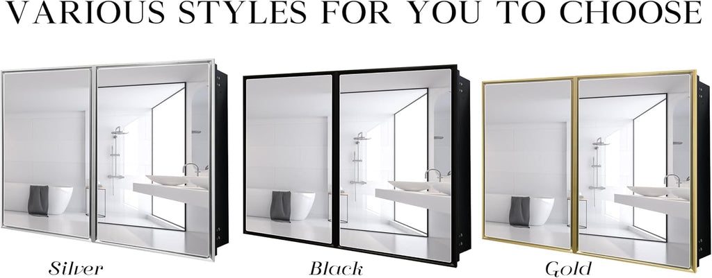 36" x 32" Large Medicine Cabinet with Mirror, Silver Aluminum Framed Bathroom Vanity Mirror Cabinet, Double Door