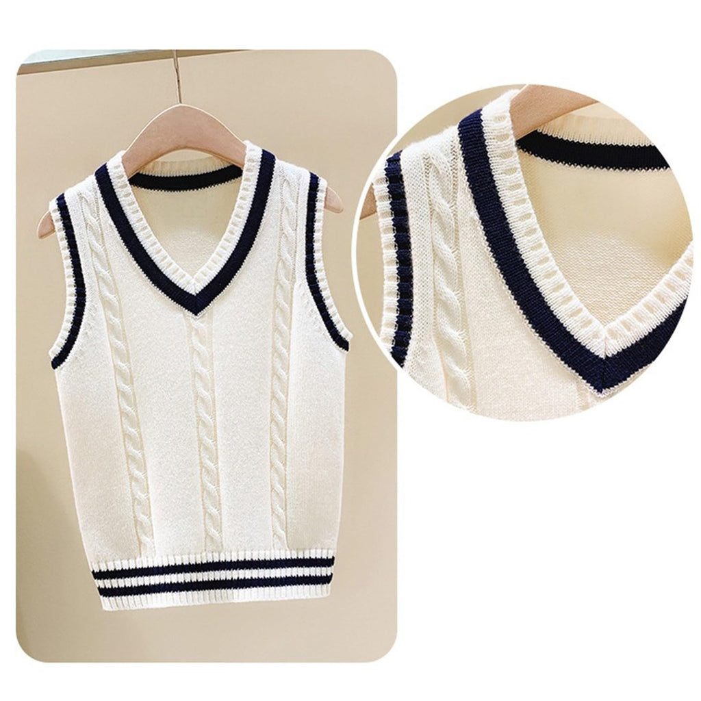 School Uniform Vests Boys Girls Sleeveless Sweater Vest V Neck Cable Knitted Stripe Tank Tops