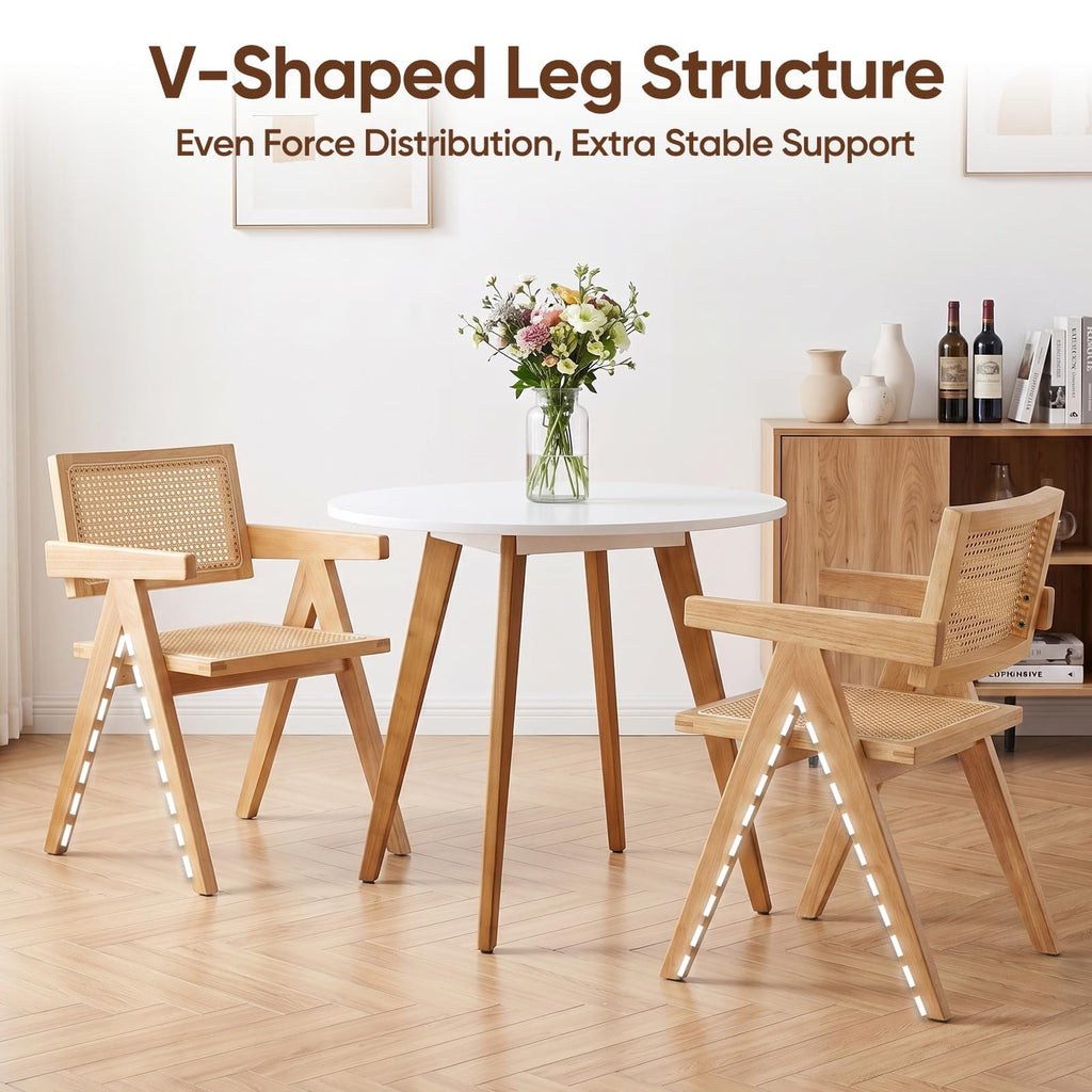 Cane Dining Chair with Arms Set of 4, Solid Wood Tone Frame