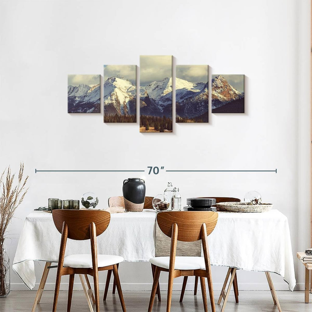 Rocky Mountains Wall Art Multi Piece Canvas - 5 Panel Nature Wall Decor - Snowy Scenery of the Pine Forest and