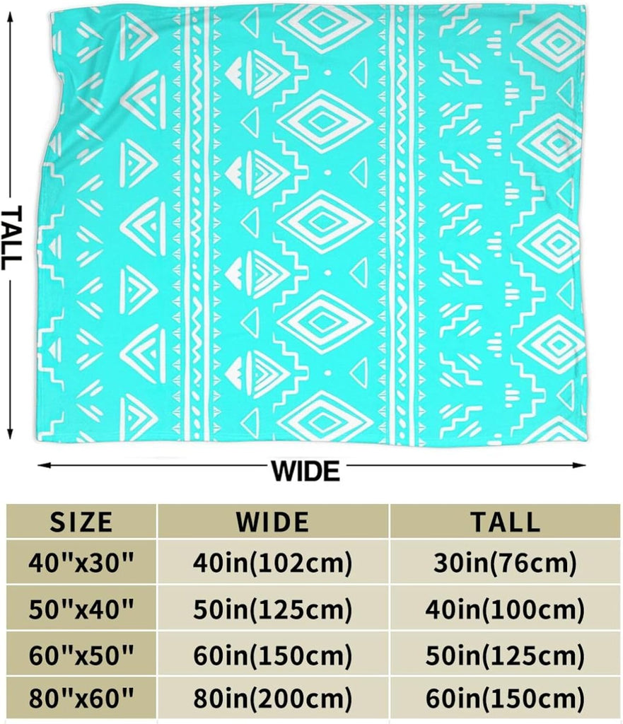 Turquoise Teal Western Boho Tribal Throw Blanket Gifts for Women, Soft Fuzzy Warm Cozy Flannel Blankets, Travel