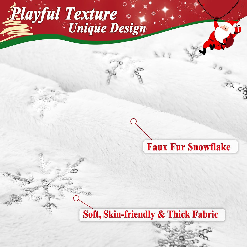 72 Inches Christmas Tree Skirt Holiday Party Decorations White Plush Silver Sequin Snowflake