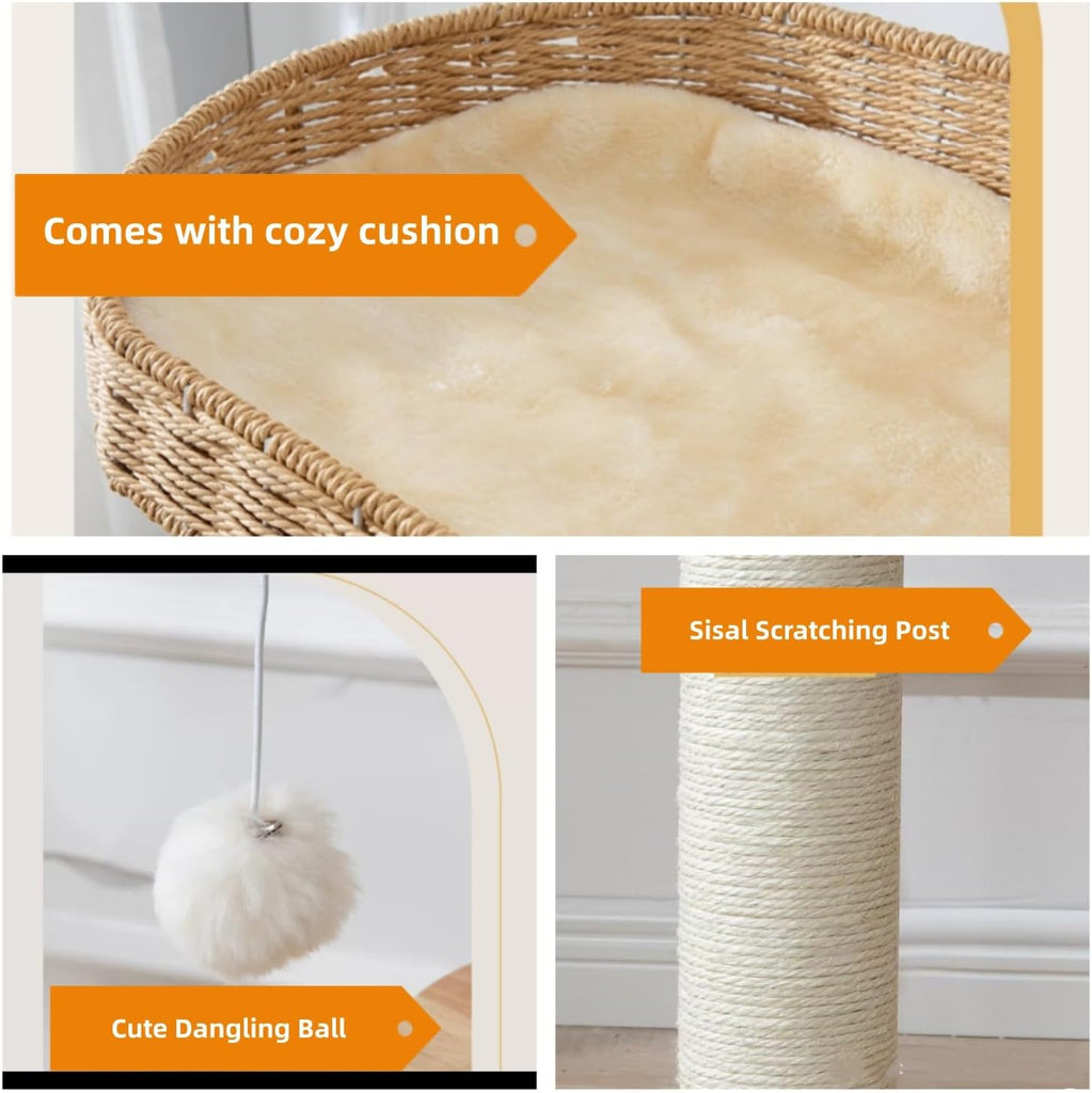 Modern Natural Wood Wooden Cat Tree Tower, 3 Large Rattan Wicker Basket Perch Beds with Cozy Cushion Sisal Scratching
