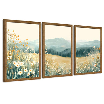 3 Pieces Wildflower Meadow Mountain Framed Canvas Wall Art 20x30 in