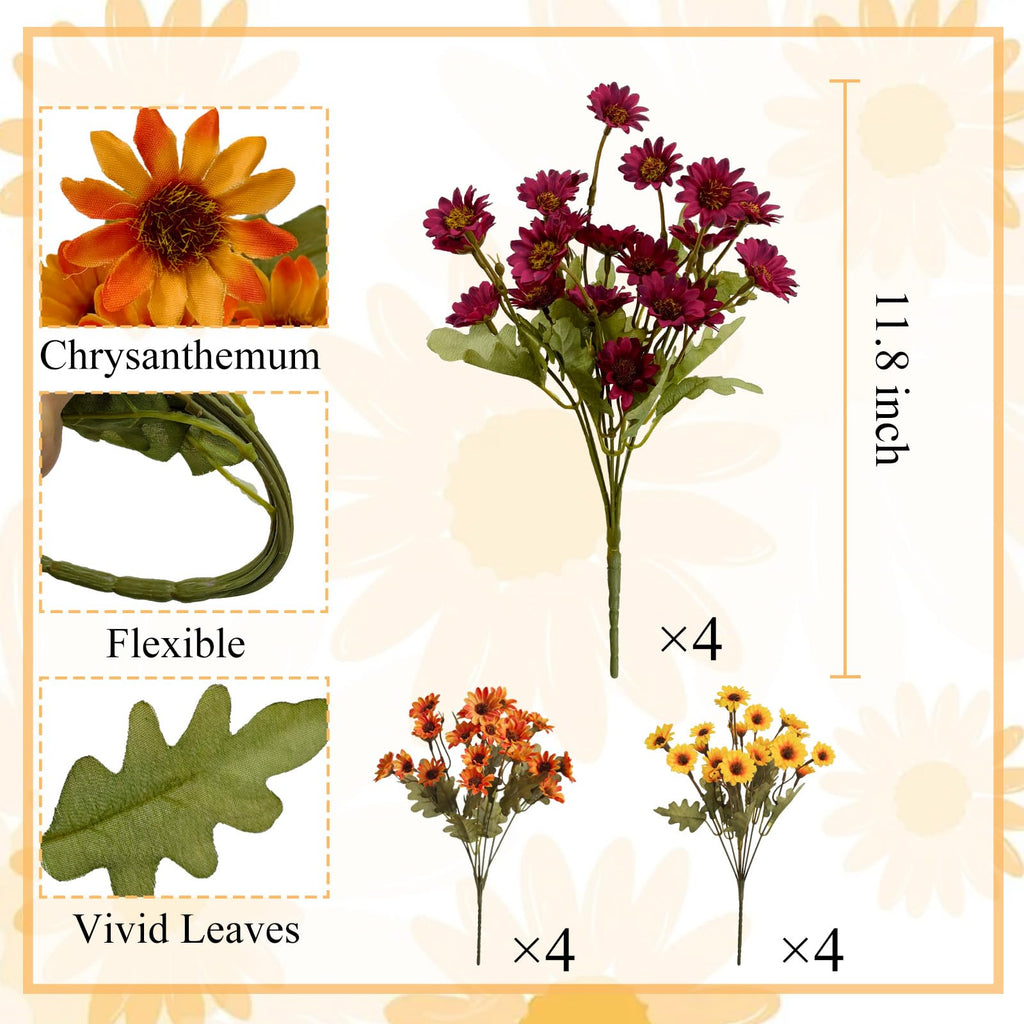 12Pcs Fake Flowers Artificial Mums for Outdoors, UV Resistant Faux Mums for Outdoor Planters Realistic Daisy No Fade