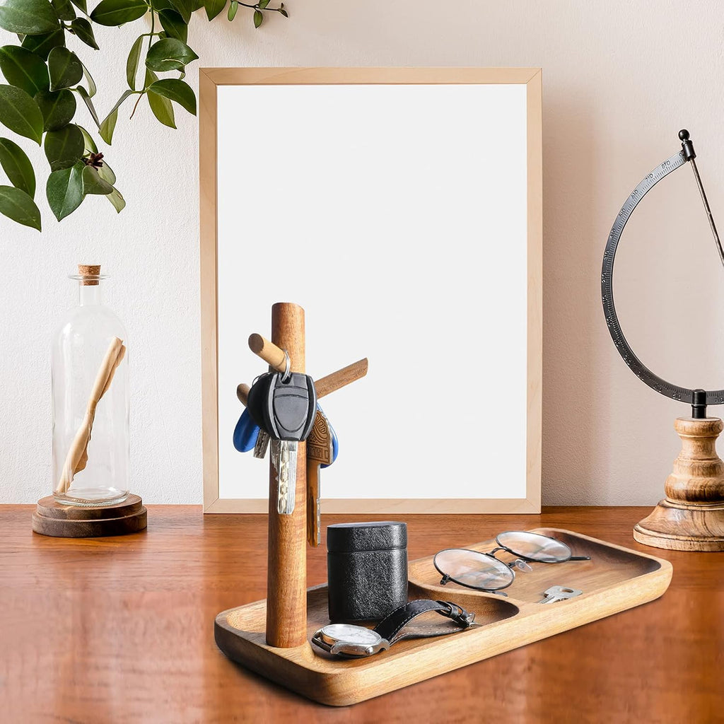Wood Key Tray for Entryway Table, Jewelry Tray, Catchall Tray with 3 Stand Hanging Organizer, for Rings, Phone