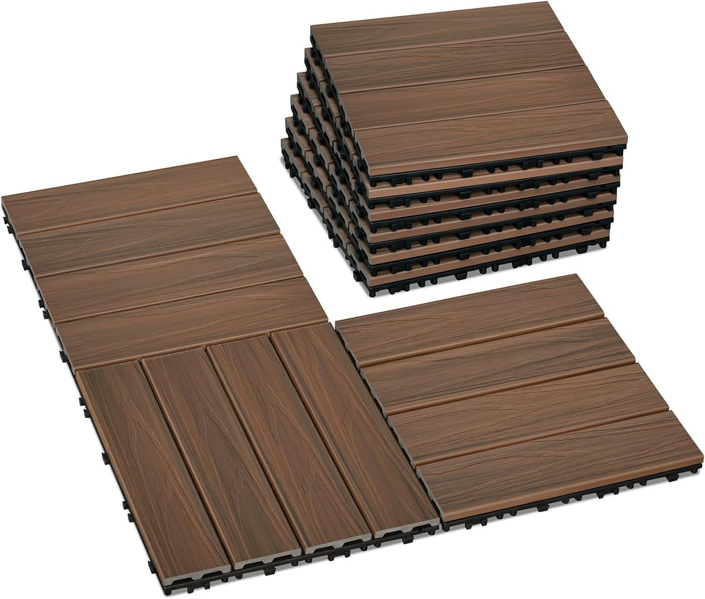 Interlocking Deck Tiles 9 PCS, 12" x 12" All-Weather Plastic-Wood Outdoor Patio Flooring Tiles for Indoor, Balcony